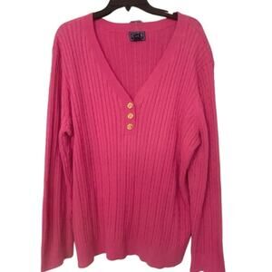 Chaps 100% Cotton Bright Pink V Neck Cable Knit Sweater 3X New Preppy Summer